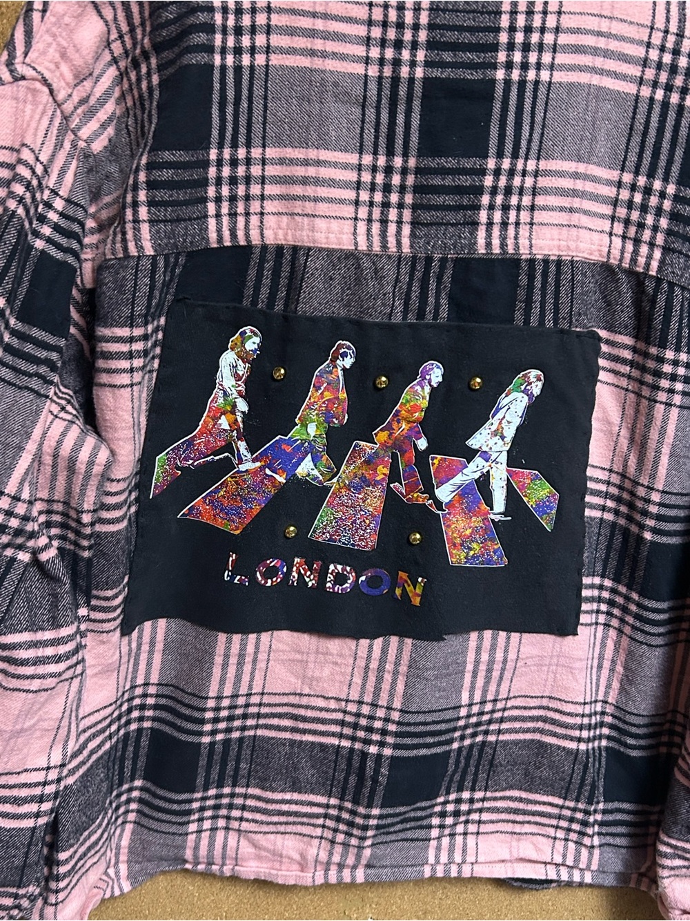 Beatles Pink and Black Plaid Long Sleeve Top with  Abbey Road Patch